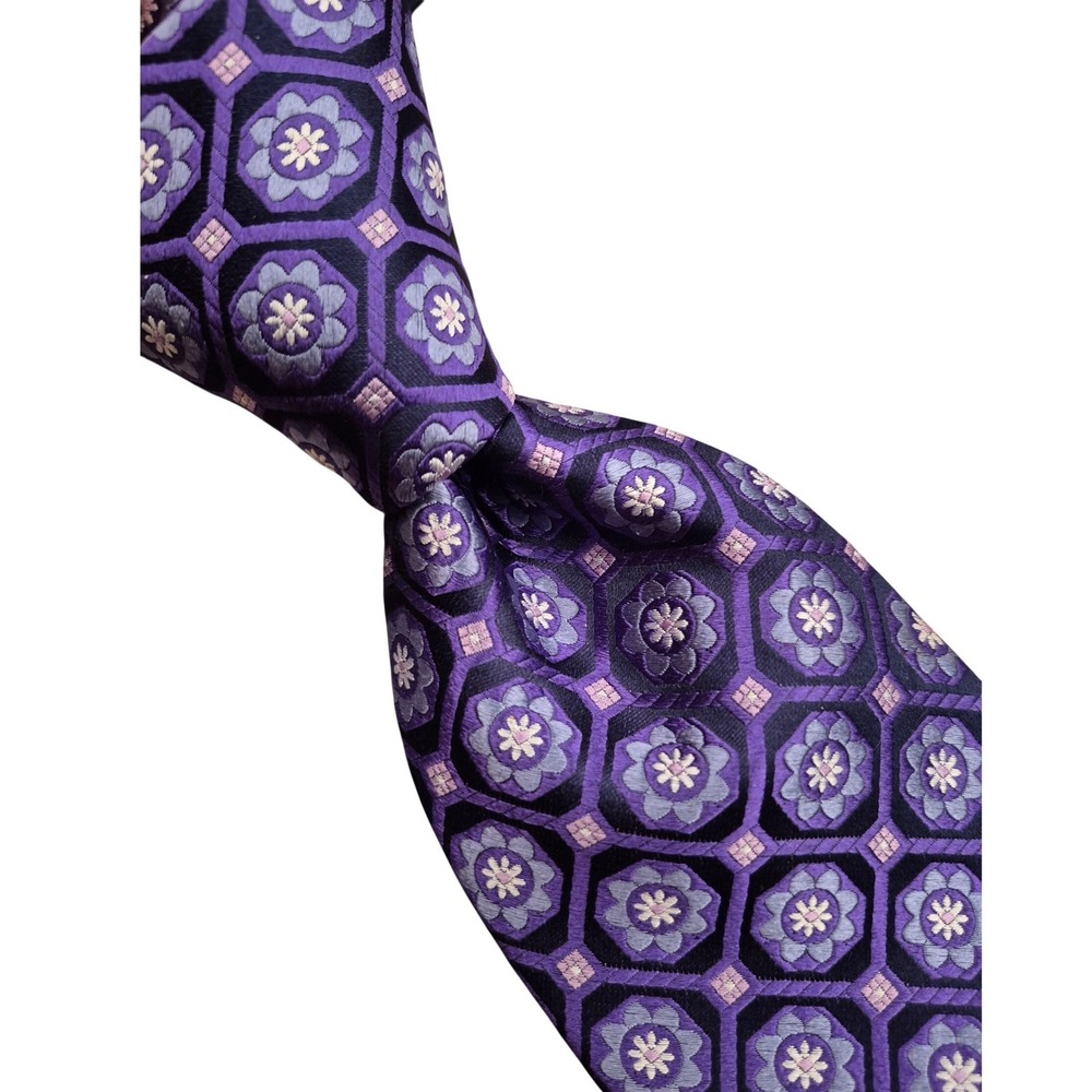 Ike Behar New York Mens Metallic Purple Geometric Floral Silk Tie Hand Tailored‎